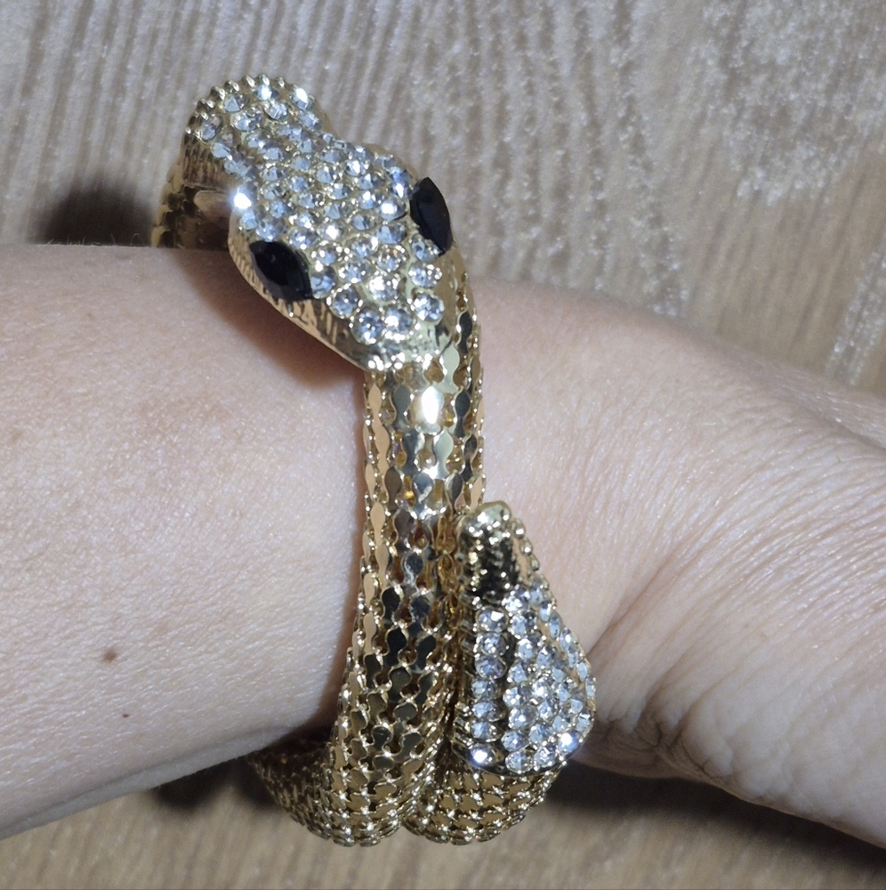 New!Gold Toned Mesh Flexible Snake Bracelet with Rhinestones